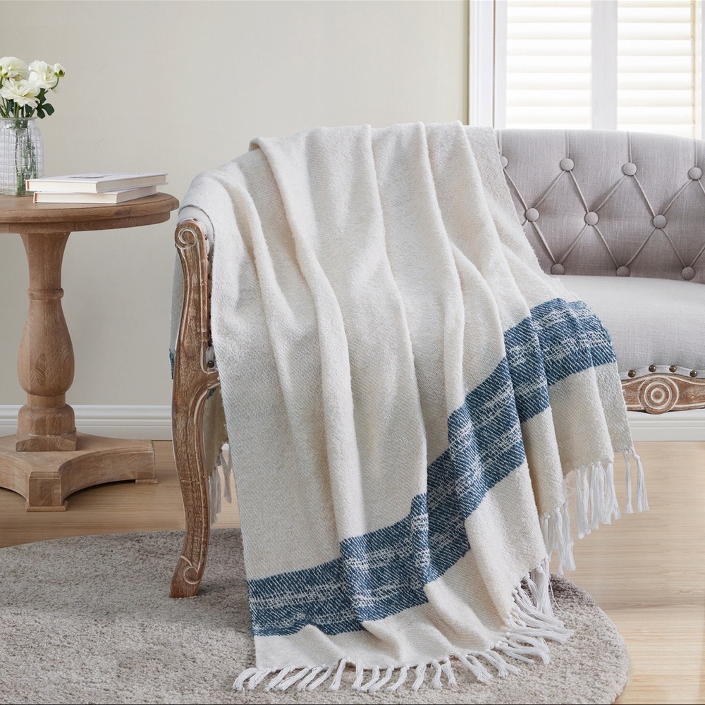 VCNY 50"x60" Taylor  Twill Throw Blanket Striped Ivory Navy Wool Blend